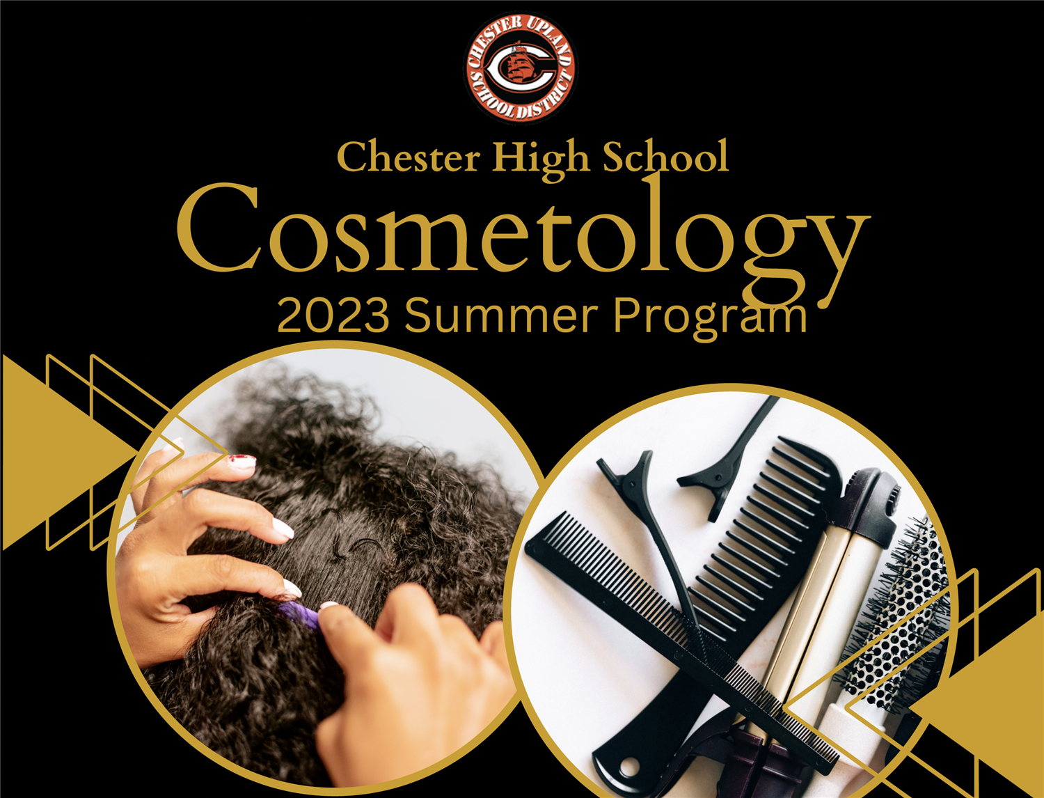 Text reads CUSD Cosmetology Summer program. Images include a photo of someone combing hair, tools